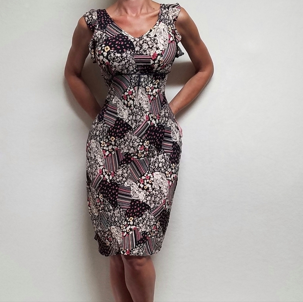 90s Vintage Her Style Floral Striped Faux Patchwork Butterfly Sleeve Midi Dress - Picture 2 of 16